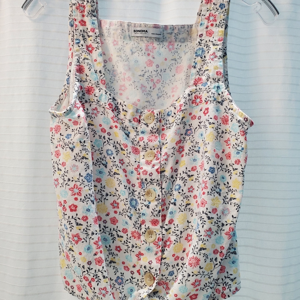 Sonoma: small crop top flower design button down front with tie at bottom